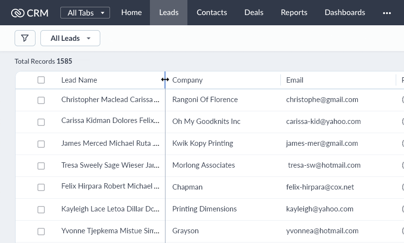 Resizing column width Resizing column width ZOHO CRM