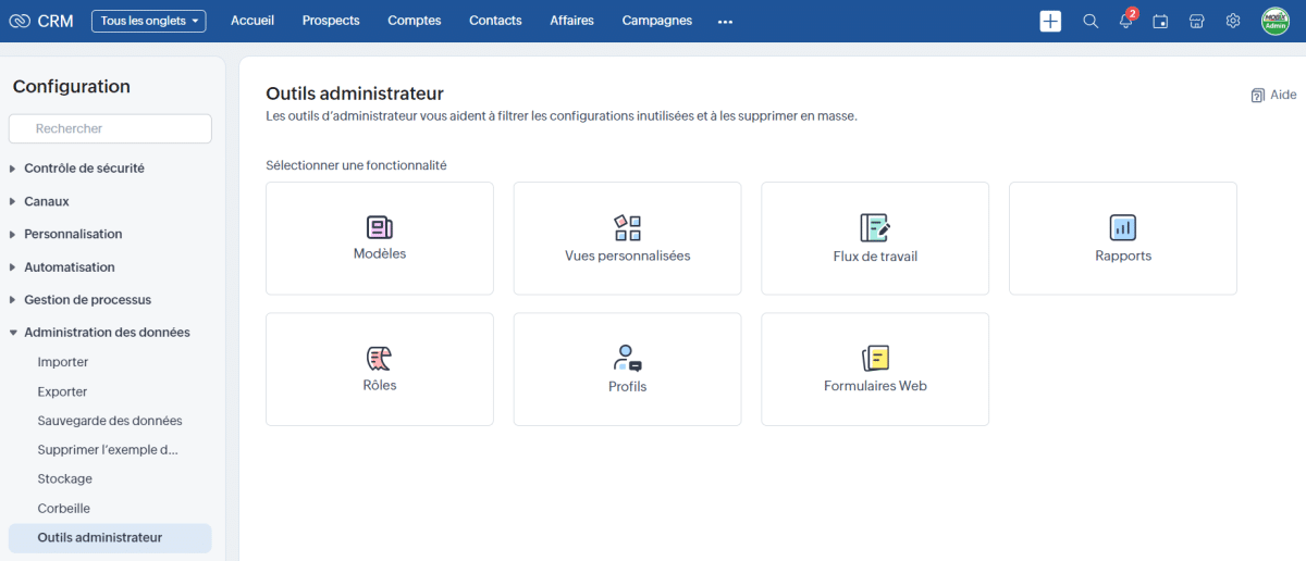 Les outils administrations de Zoho CRM offrent une gestion simplifiée et une optimisation de votre système, en éliminant les configurations superflues pour une base de données plus efficace et ordonnée.